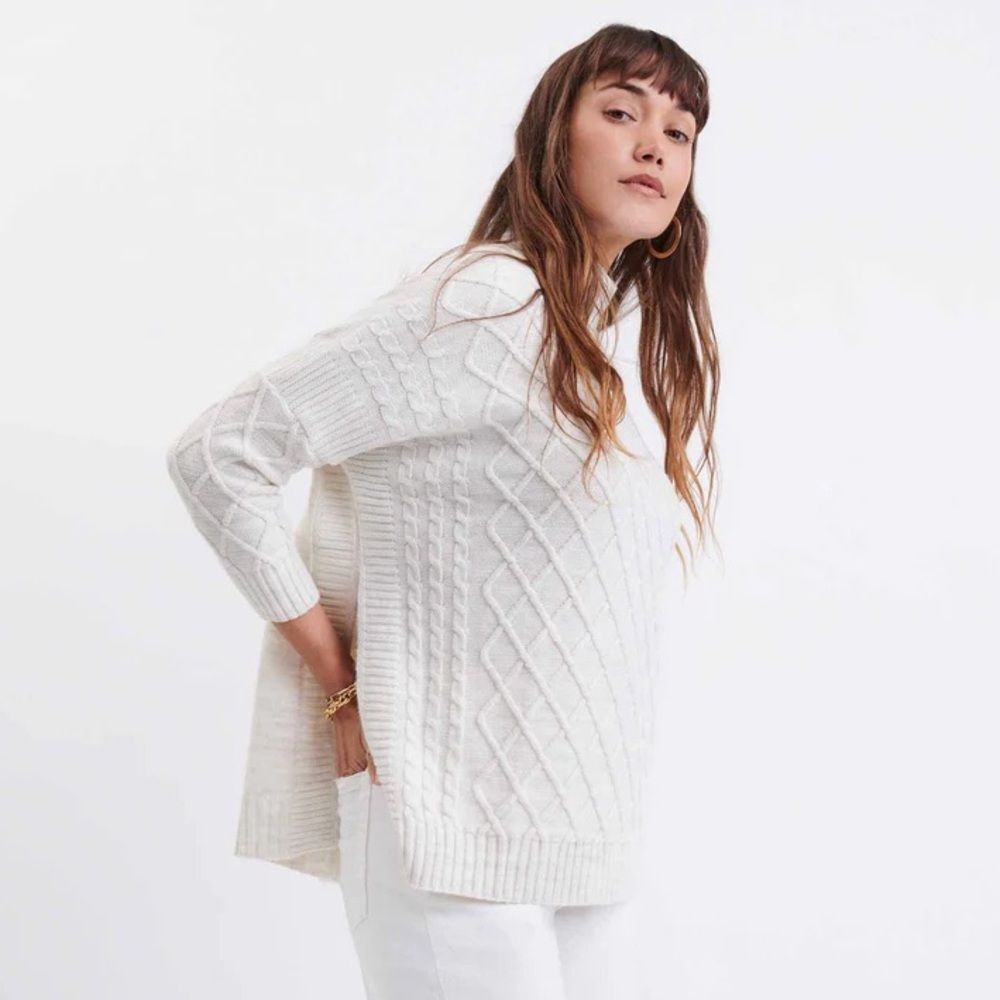 MerSea Lisbon Traveler Cream Lattice Front Mock Turtleneck Knit Sweater One Size